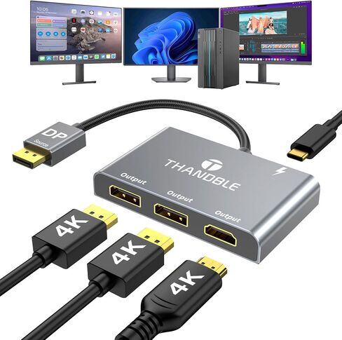 فاصل DisplayPort لشاشة عرض ممتدة متعددة الشاشات، منفذ عرض محور 4K 60 هرتز 3xDP MST إلى 3 منافذ عرض 1 في 3 محول مخرج لـ NVIDIA وAMD وPC وWindows in Kuwait