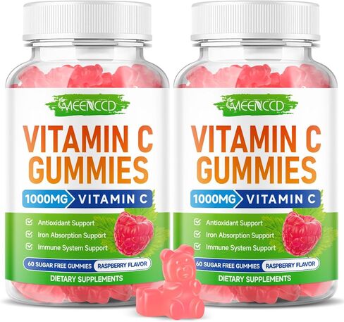 MEENCCD 2 Pack Vitamin C Gummies for Adults, Chewable Vitamin C Gummies with Zinc for Antioxidant Support, Vegan, Non-GMO, Sugar-Free, Raspberry Flavor, 120 Count in Kuwait