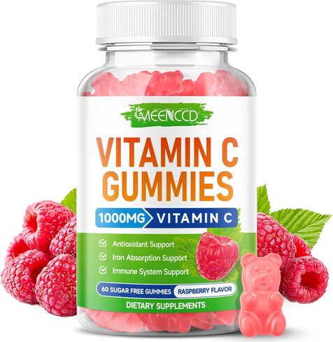 MEENCCD 2 Pack Vitamin C Gummies for Adults, Chewable Vitamin C Gummies with Zinc for Antioxidant Support, Vegan, Non-GMO, Sugar-Free, Raspberry Flavor, 120 Count in Saudi Arabia