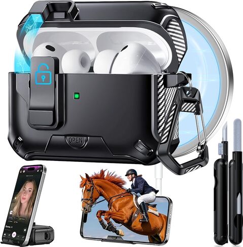 for AirPods Pro 3 Case 2025, Safety Lock & Hidden Phone Stand Design for Apple AirPods Pro 3rd Generation Case Cover with Cleaner Keychain for Men Women, Compatible with MagSafe,Black in Kuwait