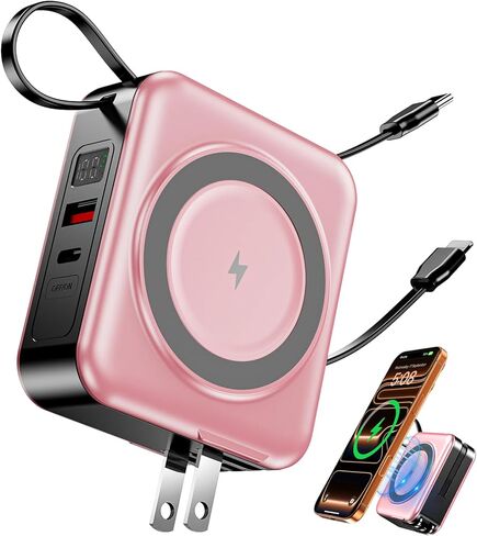 شاحن محمول Magsafe مع قابس حائط تيار متردد، بنك طاقة لاسلكي مغناطيسي 6 في 1، كابلات مدمجة 10000 مللي أمبير في الساعة، حزمة بطارية شحن سريع من النوع C داخل وخارج سلسلة iPhone 17/16/15/14/13/12 بقدرة 22.5 وات، رمادي in Kuwait