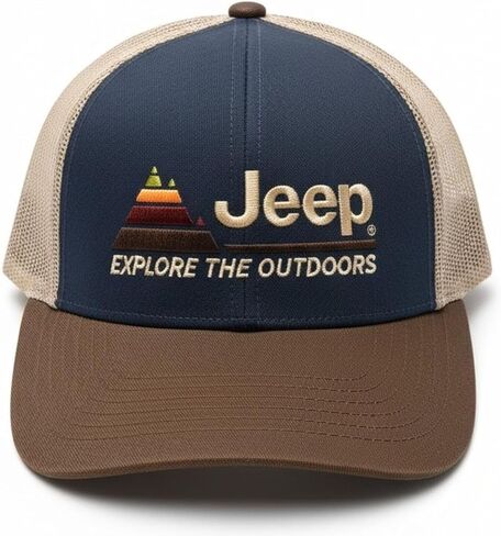 Jeep Explore The Outdoors Trucker Hat – Heather Navy/Khaki/Brown – Embroidered Logo, Snapback Closure, Mesh Back in Saudi Arabia