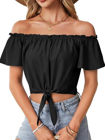 Vrtige Women's Tie Knot Front Blouse Ruched Off Shoulder Short Sleeve Crop Top in Saudi Arabia