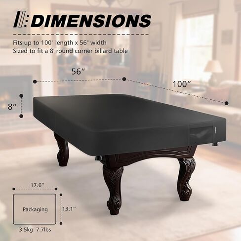 غطاء طاولة بلياردو من الجلد مع جيب بطول 8 أقدام، غطاء طاولة بلياردو عالي التحمل مقاوم للماء والتمزق، أسود، 100 بوصة طول × 56 بوصة عرض × 8 بوصة ارتفاع in Kuwait
