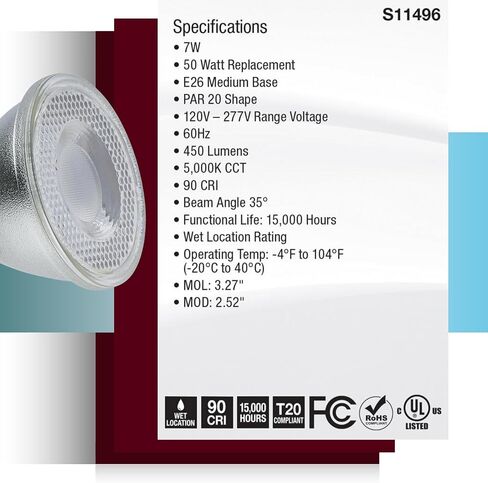 Satco S11496 7 Watt Econo LED PAR20; 5000K; 35 Degree Beam Angle; Medium Base; 120-277 Volt; Silver Finish in Saudi Arabia
