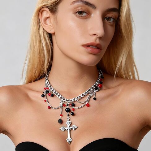 Gothic Silver Cross Necklaces for Women Men Faith Safety Pin Sparkly Double Cross Pendant Necklace Christian Necklace Silver Jewelry in Saudi Arabia