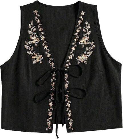 WDIRARA Women's Boho Floral Embroidery V Neck Tank Top Tie Front Sleeveless Tops in Saudi Arabia