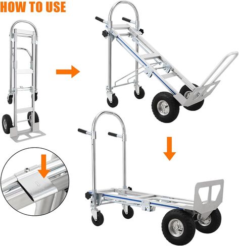 Aluminum Hand Truck, 3-in-1 Convertible Folding Cart with 770 lbs Capacity, Heavy Duty Dolly with Swivel Rubber Wheels & Brakes for Warehouse, Home, Moving, Industrial Use (Model: FST-HT01) in Kuwait
