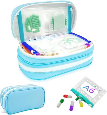 Timueetech XXL A6 منظم حبوب منع الحمل مقاوم للماء بمقصورة مزدوجة مع أكياس حبوب منع الحمل بسحاب بحجم 28 متر لموثق A6، منظم أدوية شهري كبير خالٍ من مادة BPA، نظام تخزين حبوب السفر قابل لإعادة الاستخدام in Kuwait