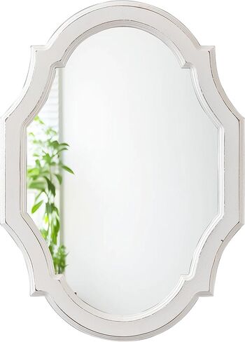 Vintage Oval Bathroom Mirror 22 X 30 Inch, Hanging Distressed White Rustic Scalloped Decorative Wall Mirrors, Unique Wood Mirrors for Wall Decor Living Room Entryway, Horizontal or Vertical in Saudi Arabia