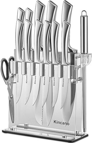 Knife Set, 14 PCS High Carbon Stainless Steel Super Sharp Kitchen Knife Set for Chef with Acrylic Stand, include Steak Knives, Sharpener and Scissors, Ergonomical Design by kincano in Saudi Arabia