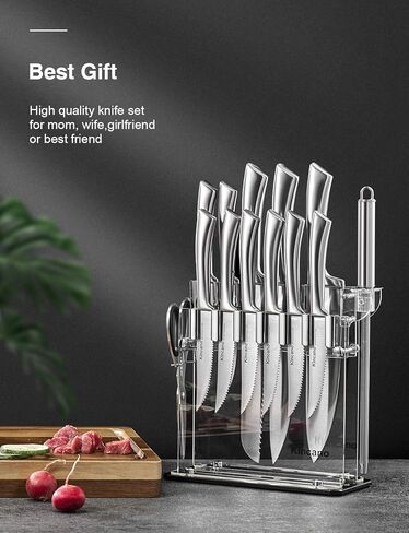Knife Set, 14 PCS High Carbon Stainless Steel Super Sharp Kitchen Knife Set for Chef with Acrylic Stand, include Steak Knives, Sharpener and Scissors, Ergonomical Design by kincano in Saudi Arabia