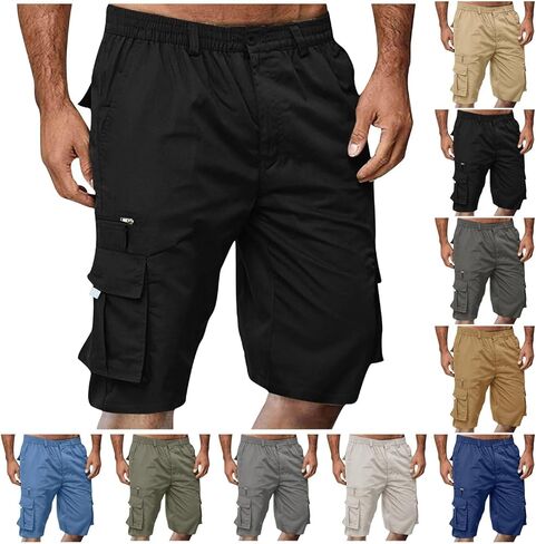 Below the Knee Shorts for Men Long Cargo Baggy Stretch Bermuda Tactical Elastic Waist Multi-Pockets Big and Tall Hiking Pants in Saudi Arabia