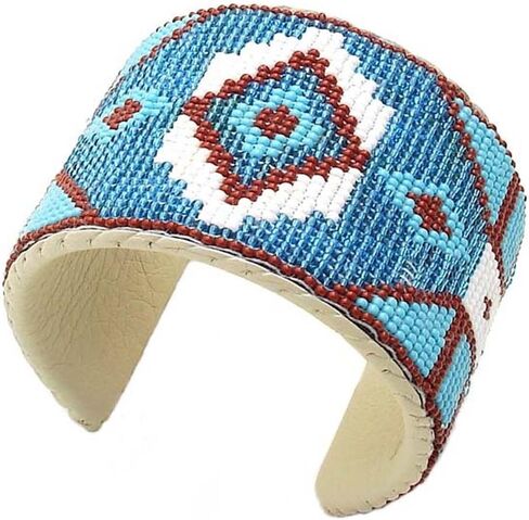 Handmade Beaded Bracelet, Bohemian Seed Beads Native American Style Cuff Bracelet, White Brown Unisex Leather Bracelet, Free Size B33/1 in Saudi Arabia