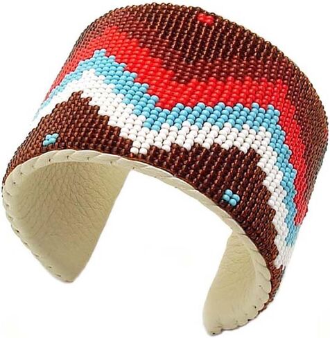 Handmade Beaded Bracelet, Bohemian Seed Beads Native American Style Cuff Bracelet, White Brown Unisex Leather Bracelet, Free Size B33/1 in Saudi Arabia