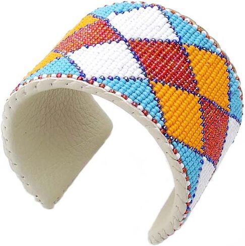 Handmade Beaded Bracelet, Bohemian Seed Beads Native American Style Cuff Bracelet, White Brown Unisex Leather Bracelet, Free Size B33/1 in Saudi Arabia