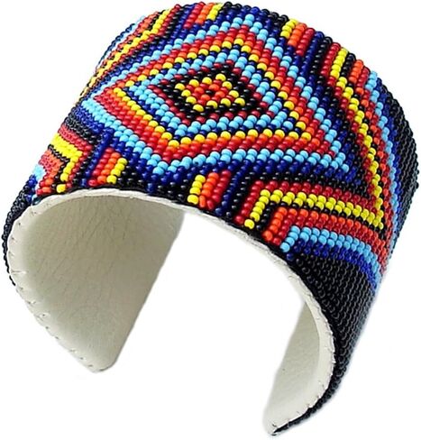 Handmade Beaded Bracelet, Bohemian Seed Beads Native American Style Cuff Bracelet, White Brown Unisex Leather Bracelet, Free Size B33/1 in Saudi Arabia