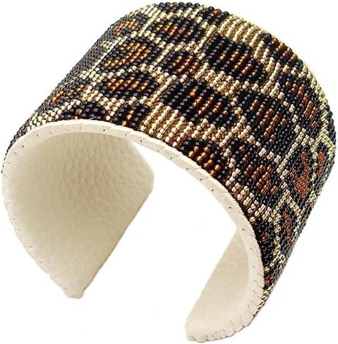 Handmade Beaded Bracelet, Bohemian Seed Beads Native American Style Cuff Bracelet, White Brown Unisex Leather Bracelet, Free Size B33/1 in Saudi Arabia