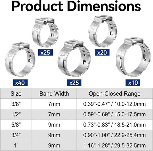 120PCS 3/8",1/2",3/4",5/8",1" Pex Crimp Rings, 304 Stainless Steel PEX Cinch Clamps Kit, Single Ear Hose Clamp for Pipe Tubing Fitting Connection in Saudi Arabia
