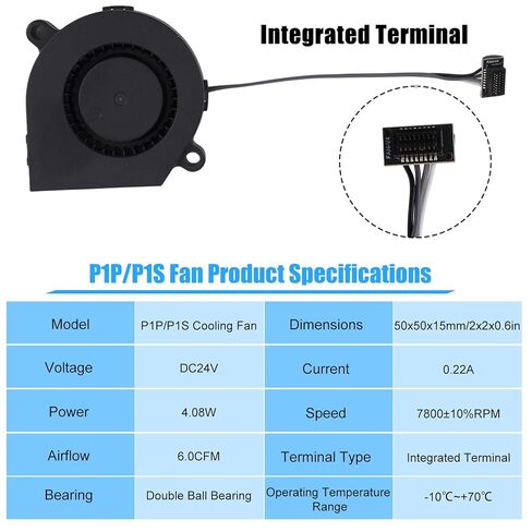 طابعة ثلاثية الأبعاد DC24V 5015 مروحة تبريد هوتند لمختبر بامبو P1P/P1S، 50 × 50 × 15 مم/2 × 2 × 0.6 بوصة محمل كروي 4.08 وات 0.22 أمبير 7800 ± 10% دورة في الدقيقة مع ملحقات خط الكابل in Saudi Arabia