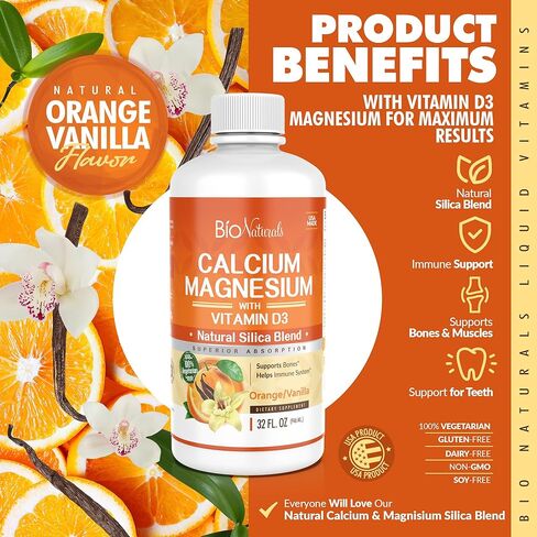مكمل سائل الكالسيوم والمغنيسيوم من بيو ناتشورالز مع فيتامين د3 - ​​تركيبة طبيعية، أربعة أنواع من الكالسيوم تدعم العظام القوية مع امتصاص فائق للحبوب - نباتي 100% - 32 أونصة سائلة in Kuwait