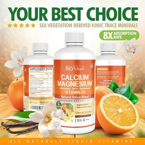 مكمل سائل الكالسيوم والمغنيسيوم من بيو ناتشورالز مع فيتامين د3 - ​​تركيبة طبيعية، أربعة أنواع من الكالسيوم تدعم العظام القوية مع امتصاص فائق للحبوب - نباتي 100% - 32 أونصة سائلة in Kuwait