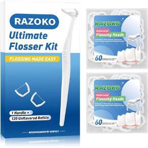 RAZOKO Reusable Dental Flosser Kit, Extra Strong Shred-Resistant Floss, for Hard to Reach Areas, PTFE & PFAS Free (2 White Handles + 240 Refills) in Kuwait