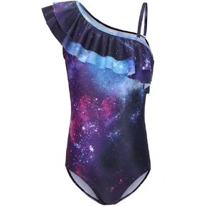 بدلة سباحة للفتيات من قطعة واحدة بكتف واحد مكشكش، ملابس سباحة للأطفال بنقشة زهور هاواي من عمر 3 إلى 16 عامًا in Kuwait