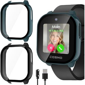 حافظة لهاتف Cosmo Jr Track 5، غطاء حماية كامل من الزجاج المقوى عالي الدقة مكون من قطعتين، غطاء حماية كامل مضاد للخدش لساعة Cosmo JrTrack 5 الذكية للأطفال (وردي + كريمي) in Kuwait