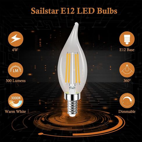 مصابيح شمعدان LED Sailstar E12 قابلة للتعتيم، 60 وات تعادل 3000K مصابيح إضاءة ثريا بيضاء دافئة، مصابيح LED شمعية 4 وات، طرف لهب، 500 لومن، حزمة من 6 in Kuwait