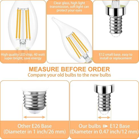 مصابيح شمعدان LED Sailstar E12 قابلة للتعتيم، 60 وات تعادل 3000K مصابيح إضاءة ثريا بيضاء دافئة، مصابيح LED شمعية 4 وات، طرف لهب، 500 لومن، حزمة من 6 in Kuwait