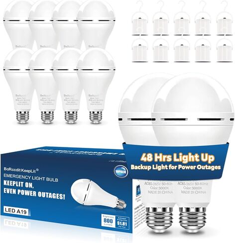 BoRccdit KeepLit 8 عبوات من مصابيح الإضاءة القابلة لإعادة الشحن في حالات الطوارئ، تدوم 48 ساعة و3 مصابيح انقطاع التيار الكهربائي السطوع، 12 واط 5000 كيلو بطارية احتياطية لمبات الإضاءة في حالات الطوارئ لإعصار فشل الطاقة المنزلية in Kuwait