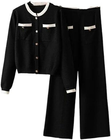 بدلات نسائية محبوكة - سترة صوفية أحادية الصدر بياقة دائرية وبنطلون مستقيم عالي الخصر in Kuwait