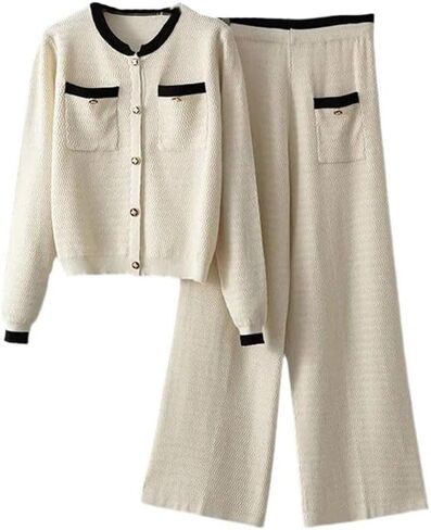 Women'S Knit Suits - O-Neck Single Breasted Cardigan And High Waist Straight Pants in Saudi Arabia