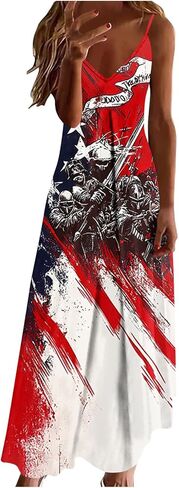 Lmdudan 4th of July Dresses for Women USA Spaghetti Strap Sleeveless Patriotic Dress Independence Day American Flag Sundress in Saudi Arabia