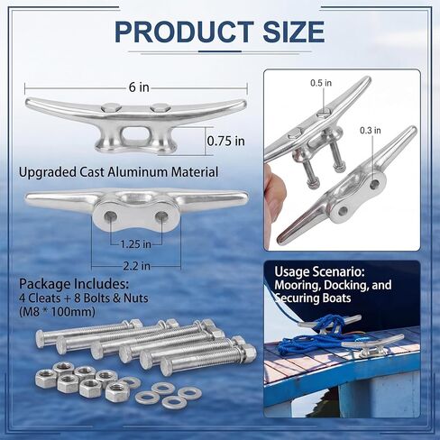 Frienda 4 Pack Aluminum Boat Dock Cleats Set, 6 Inch Corrosion-Resistant & Lightweight Marine Cleats with Bolts/Nuts, for Securing Boats, Kayaks, Docks & Nautical Home Decor in Saudi Arabia
