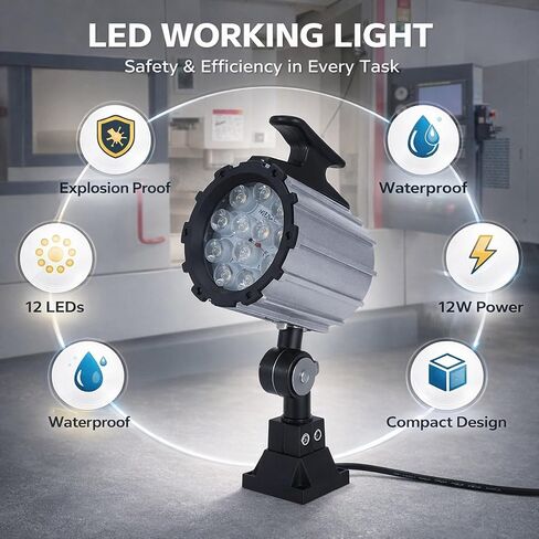 LED Work Light, 12W 24V Waterproof, 12LED Short - Arm CNC Machine Lighting - Explosion - Proof Durability, Aluminum Heat Dissipation, Ideal for Industrial Workshops in Saudi Arabia