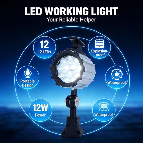 LED Work Light, 12W 24V Waterproof, 12LED Short - Arm CNC Machine Lighting - Explosion - Proof Durability, Aluminum Heat Dissipation, Ideal for Industrial Workshops in Saudi Arabia