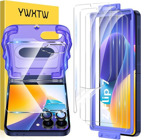 YWXTW EZ Alignment لهاتف Samsung Galaxy Z Flip 6/Z Flip 7 FE، [تقوية اختبار التجعيد] 3 قطع من طبقة EPU الداخلية الناعمة + قطعتين من الزجاج المقسى للشاشة الأمامية + مجموعة واحدة من واقي عدسة الكاميرا، مضادة للخدش in Kuwait
