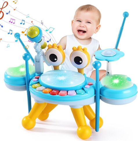 Drum Set for Toddlers 1-3, Toddlers Drum Set for 1-3 with Light Up Microphone , 2 Sticks for 1-3 Year Olds, Educational Learning Toys for 6-18 Months, Birthday for Boys Girls in Kuwait