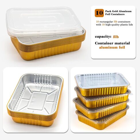 10 Pack Gold Aluminum Foil Pans with Lids, 9x7.4 Inch Disposable Reusable Oven Safe Food Containers, Freezer & BBQ Grill To-Go Pans for Baking, Meal Prep, Thanksgiving & Party in Saudi Arabia