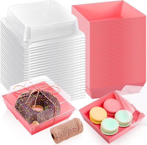 100Pack Paper Charcuterie Boxes with Clear Lids,4.7 Inch Disposable Square Bakery Boxes,Small Dessert Boxes To Go Food Containers with Twine for Charcuterie Sandwich Strawberries Cookie(Pink) in Kuwait