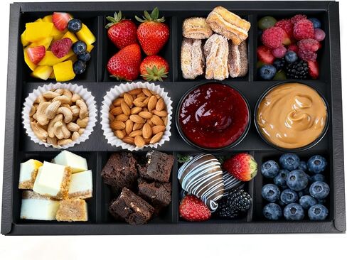 8-Grid Cardboard Bakery Treat Box w Lids, 10PK Black Disposable Pastry Box w/Wax Paper w/Sauce Dip Holder for 4-6 People, Snack Bowl Divided for Picnic Party Birthday 12.5"x9.25"x2" in Saudi Arabia