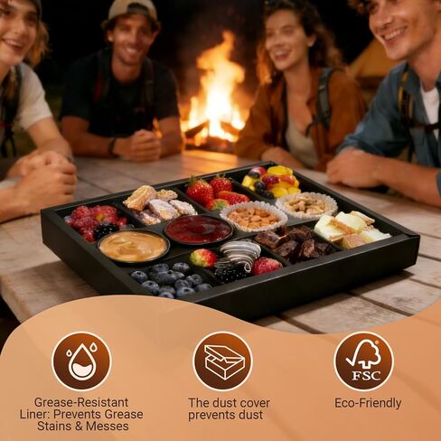 8-Grid Cardboard Bakery Treat Box w Lids, 10PK Black Disposable Pastry Box w/Wax Paper w/Sauce Dip Holder for 4-6 People, Snack Bowl Divided for Picnic Party Birthday 12.5"x9.25"x2" in Saudi Arabia