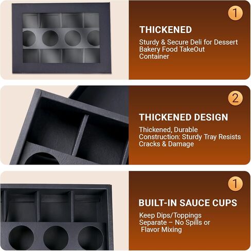 8-Grid Cardboard Bakery Treat Box w Lids, 10PK Black Disposable Pastry Box w/Wax Paper w/Sauce Dip Holder for 4-6 People, Snack Bowl Divided for Picnic Party Birthday 12.5"x9.25"x2" in Saudi Arabia