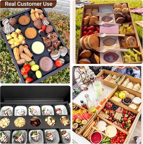 8-Grid Cardboard Bakery Treat Box w Lids, 10PK Black Disposable Pastry Box w/Wax Paper w/Sauce Dip Holder for 4-6 People, Snack Bowl Divided for Picnic Party Birthday 12.5"x9.25"x2" in Saudi Arabia