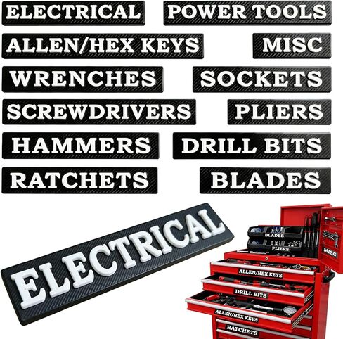 12 PCS Magnetic Toolbox Labels, 3D Raised Tool Box Magnetic Lables, General Toolbox Organize Accessories, Thick Resuable Tags for Steel Toolboxes, Tool Carts & Garage Organization (Black) in Kuwait