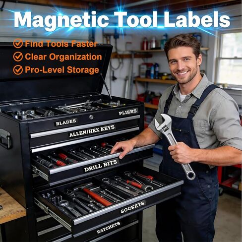12 PCS Magnetic Toolbox Labels, 3D Raised Tool Box Magnetic Lables, General Toolbox Organize Accessories, Thick Resuable Tags for Steel Toolboxes, Tool Carts & Garage Organization (Black) in Kuwait