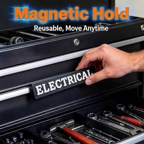 12 PCS Magnetic Toolbox Labels, 3D Raised Tool Box Magnetic Lables, General Toolbox Organize Accessories, Thick Resuable Tags for Steel Toolboxes, Tool Carts & Garage Organization (Black) in Kuwait