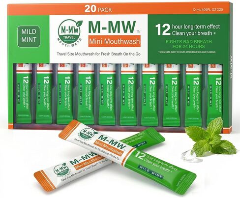 M-MW Travel Size Mouthwash Individual Packets, Alcohol Free Oral Rinse, Bad Breath Treatment for Adults, Mild Mint Flavor, Travel Essentials Toiletries (20 Count) in Kuwait